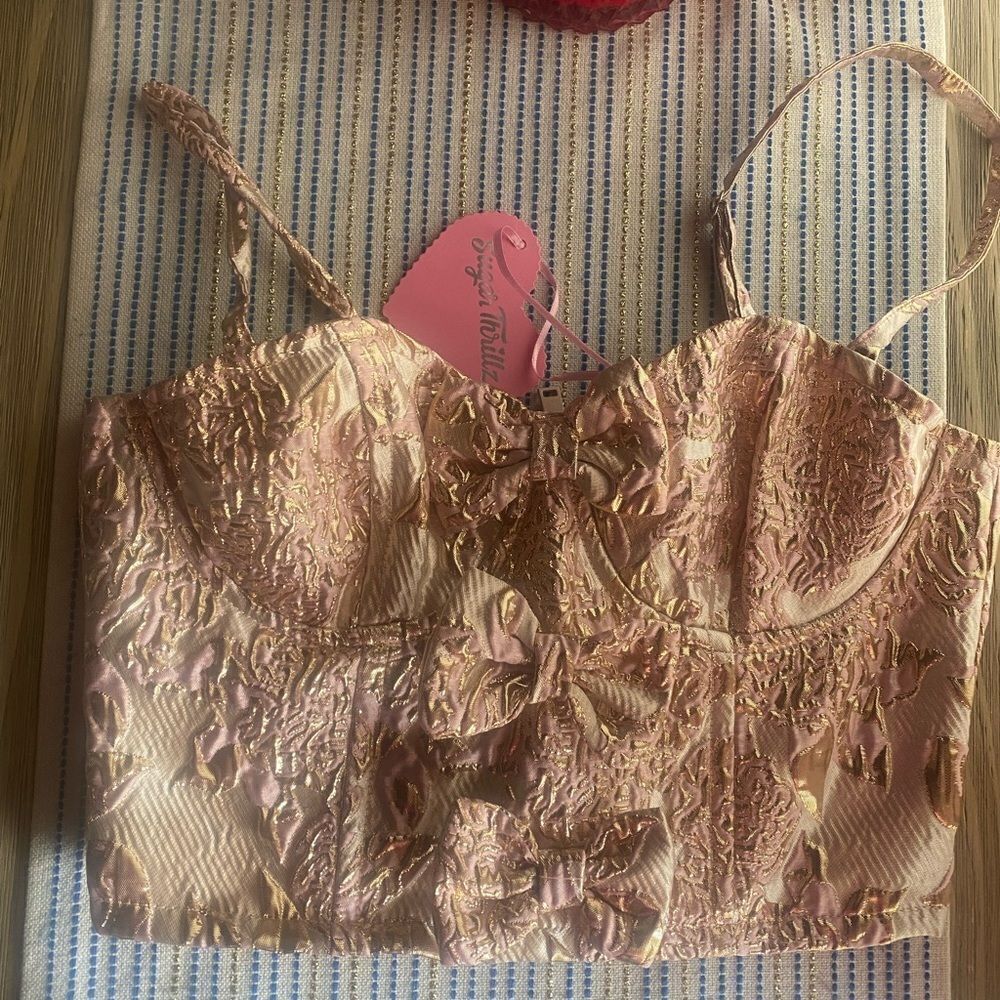 Sugar Thrillz Crop Top Size Small Pink/Gold Bows Spaghetti Straps NWT
